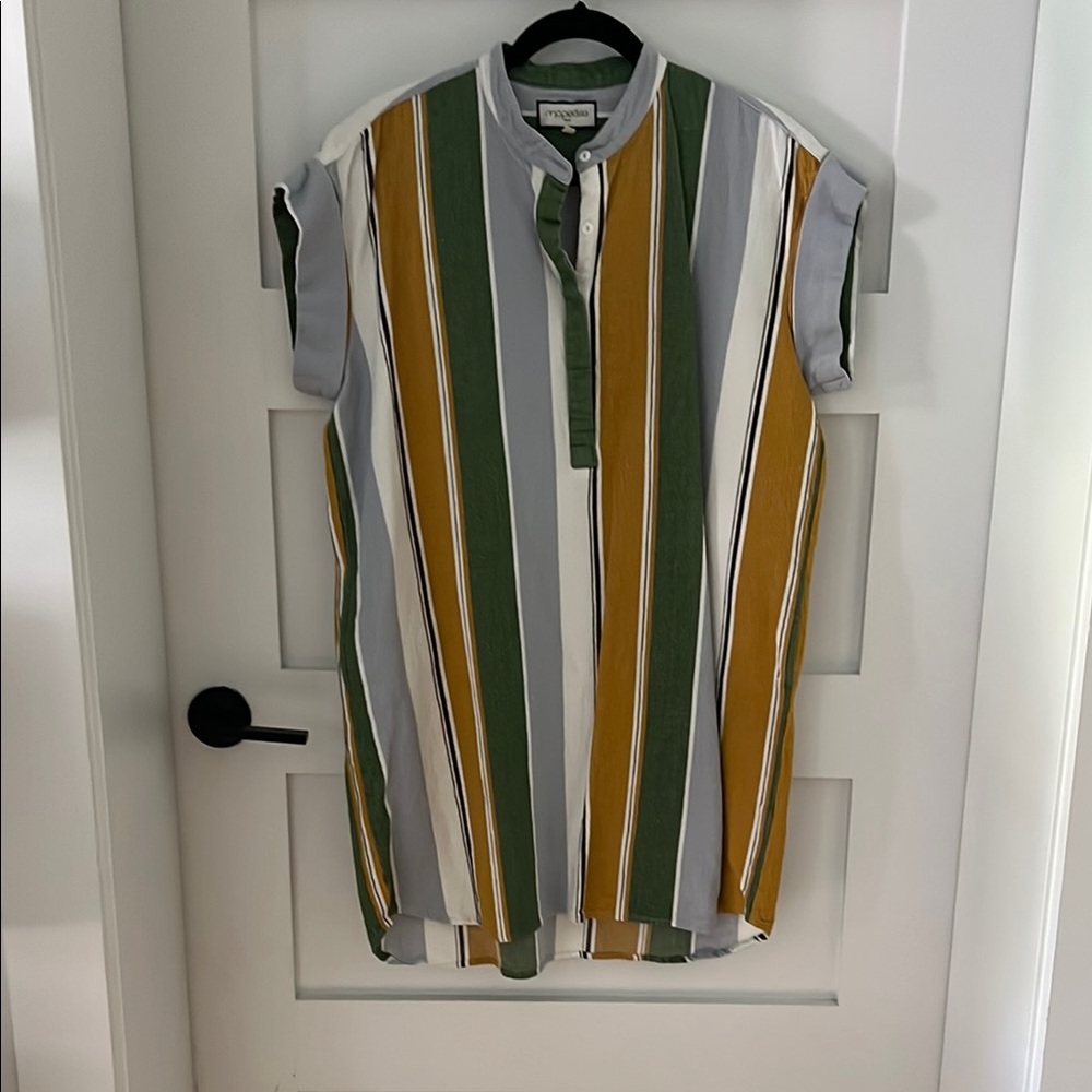 Striped Short-Sleeve Tunic Top in Olive, Mustard & Gray OS by mapoesie Paris